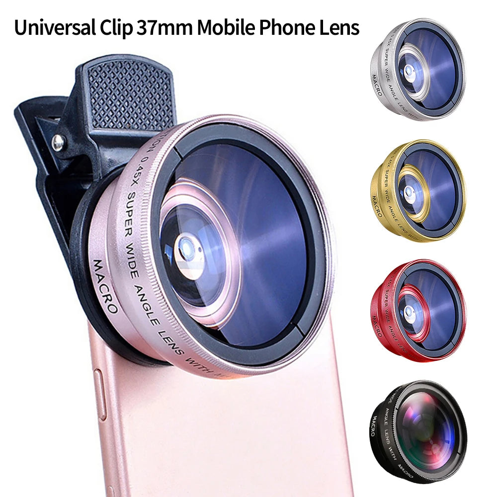 2 IN 1 Lens Universal Clip 37mm Mobile Phone Lens Professional 0.45X 49uv Super Wide-Angle + Macro HD Lens For iPhone Android