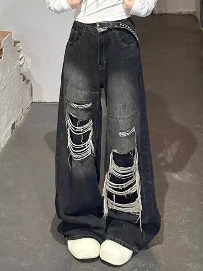 Svarta Baggy Ripped Jeans Gothic Y2K Estetisk Vintage Style