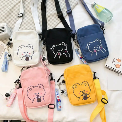 Women Canvas Small Bag – Cartoon Bear Design, Crossbody Shoulder Bags, Ladies Purse, Phone Bag, Handbags.