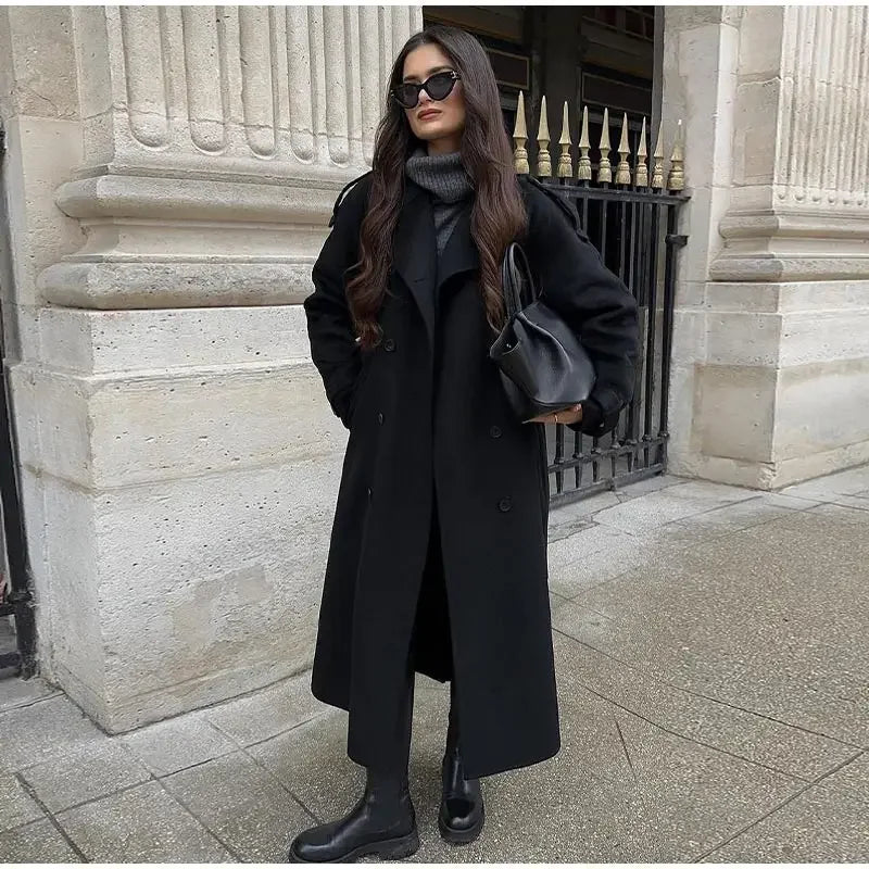 Women's Black Long Wool Coat with Belt and Lapel