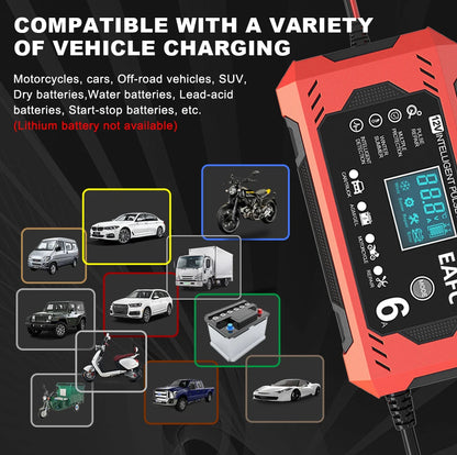 Bilbatteriladdare 6A 12V Bil- och motorcykelbatteriladdare Blybatteri Smart Repair LCD-skärm