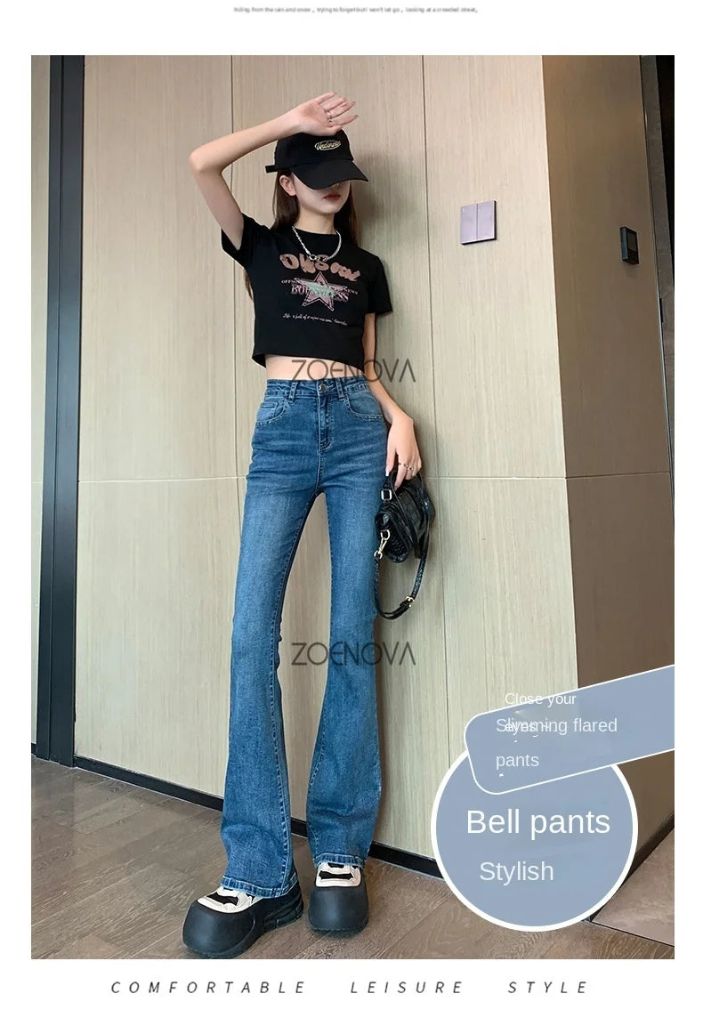 ZOENOVA Harajuku Street Casual Simple Solid Color Women's Jeans 2024 New Fashion Lady High Waist Slim VersatileMicro Flare Pants