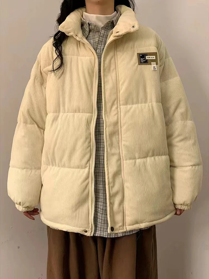 Överdimensionerad Corduroy Puffer Coat med fickor Varm och Retro Y2K Style