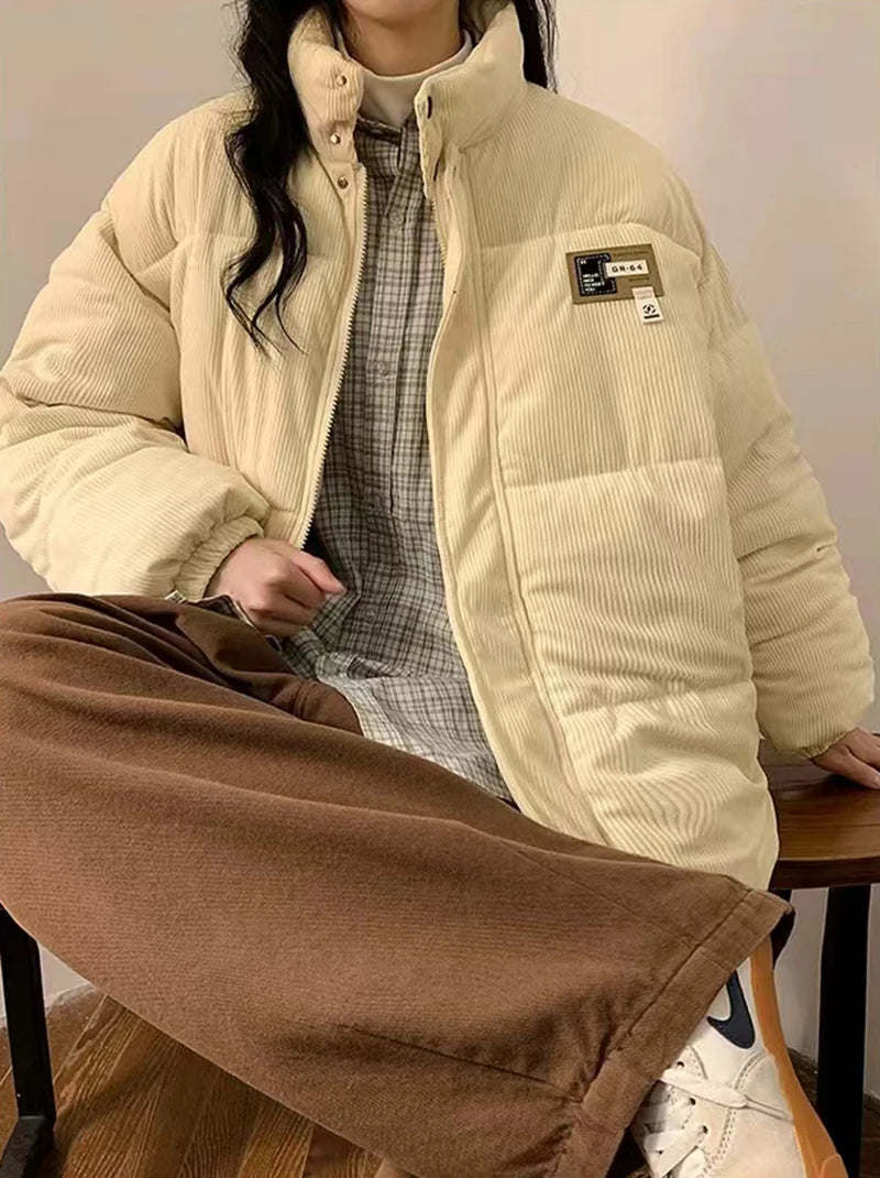 Överdimensionerad Corduroy Puffer Coat med fickor Varm och Retro Y2K Style