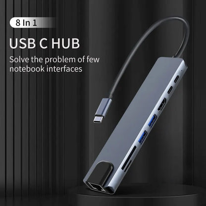 Usb 8 In 1 Typ C 3 1 Till 4k HdTV Hub Adapter Med Sd Tf Rj45 Kortläsare Pd Snabbladdning För Macbook Notebook Computer