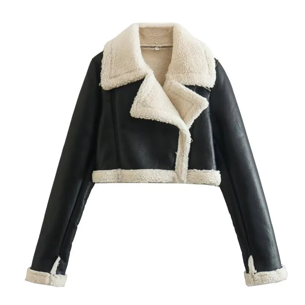 Double-Sided Cropped Leather Jacket with Zipper Loose Fit and Stylish