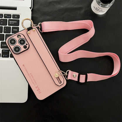 Luxury Litchi Leather Phone Case with Wrist Strap, Stand, and Crossbody Cord for iPhone