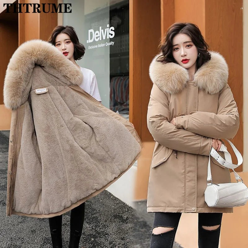 Hooded Parka with Fur Collar and Thick Liner Casual and Fashionable