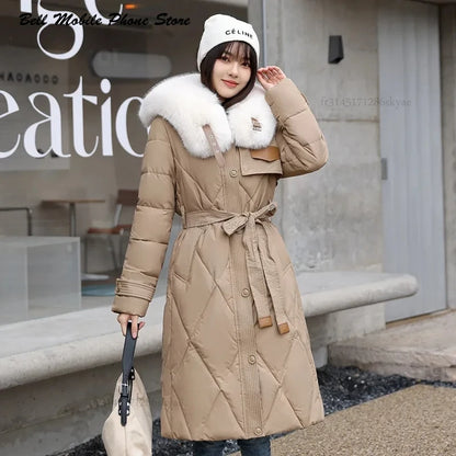 Slim Long Fur Collar Parka Coat Elegant and Warm