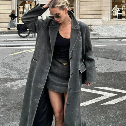 Women's Grey Leather Long Coat with Turndown Collar