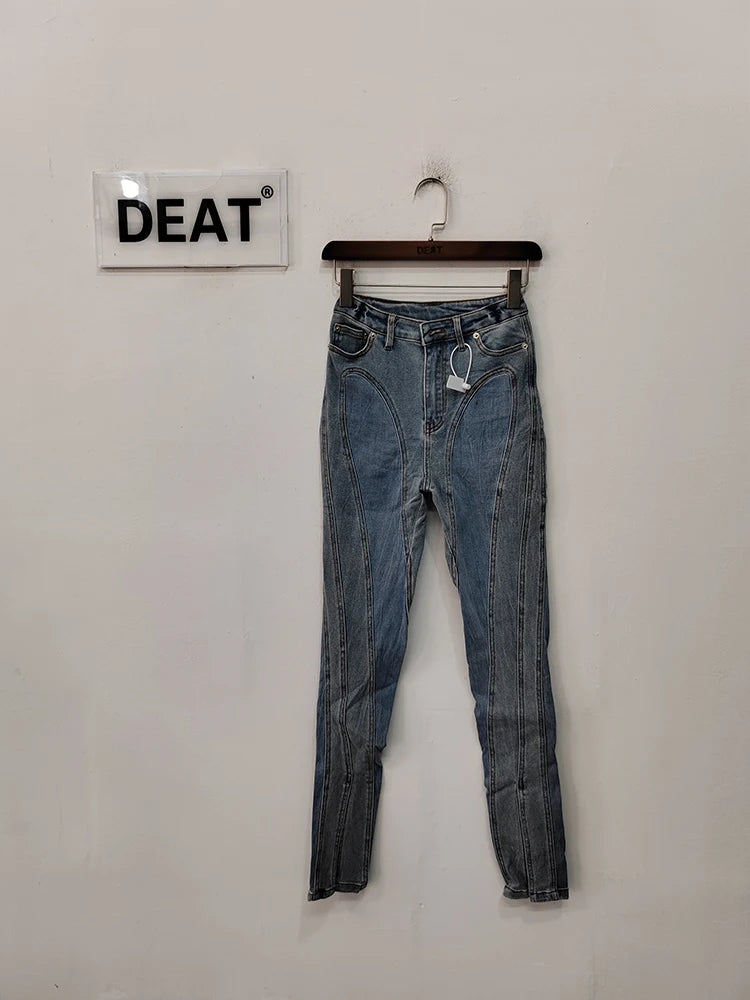 DEAT Fashion Women's Jeans Slim Deconstruct Panelled Patchwork High Waist Split Blue Long Denim Pants Spring 2025 New 1DF2575