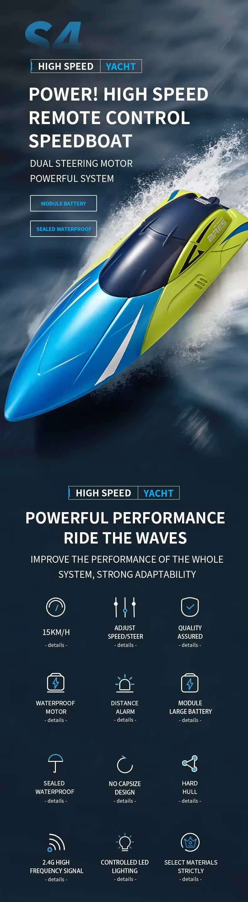 2.4G RC Boat 15 KM/H High-Speed Remote Control Racing Boat Rechargeable Model Electric Radio Speedboat Toys for Boys