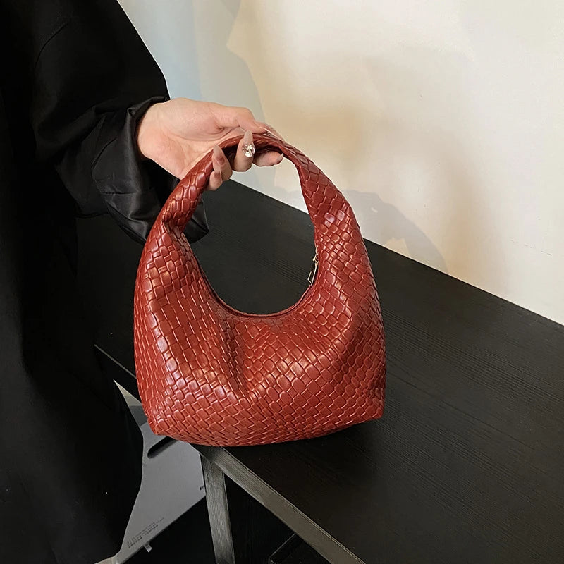 Woven Embossed Hobo Bag: Soft PU Leather, Top-handle Shoulder