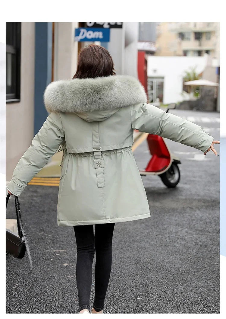 Hooded Long Parka with Wool Liner and Fur Collar Slim and Warm