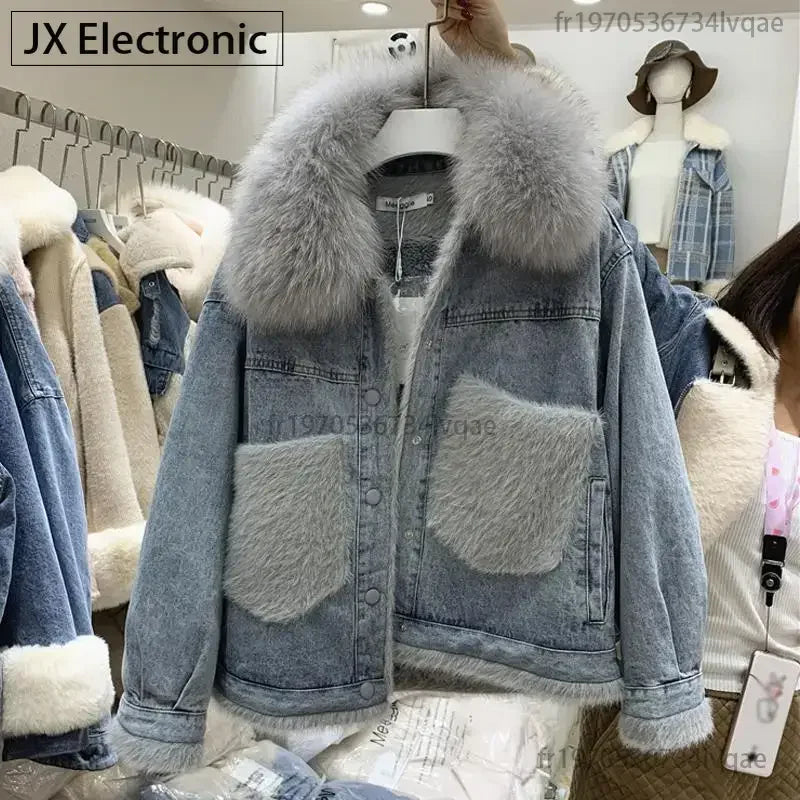 Women's Korean Style Fleece Lined Denim Jacket with Cotton Filling