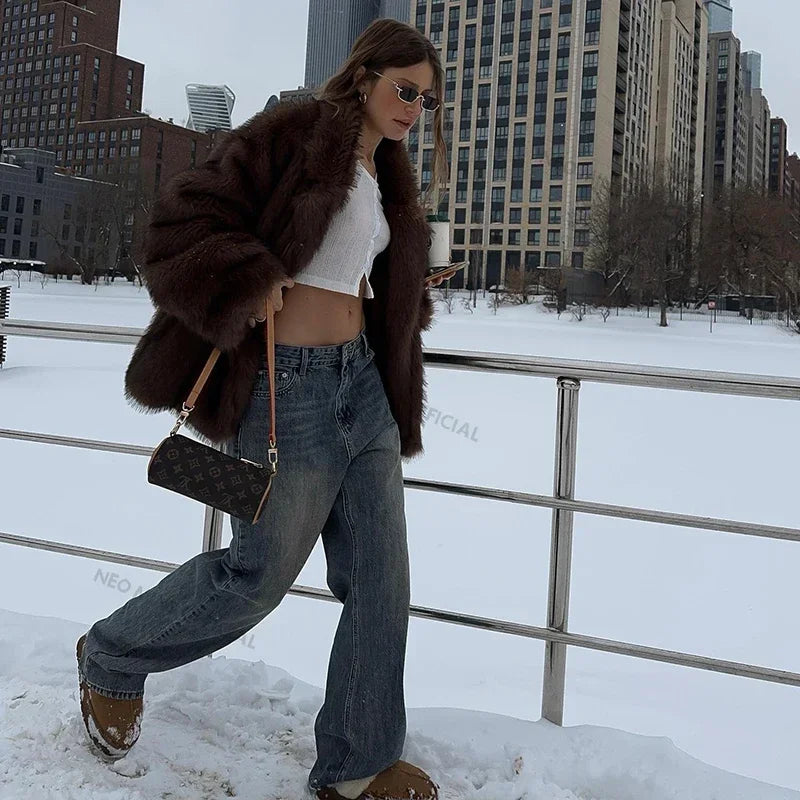 Fluffy Faux Fox Fur Coat Street Style and Warm