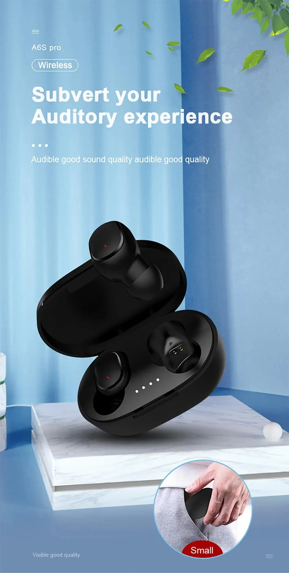 TWS A6S Wireless Bluetooth Headset Earbuds Noice Cancelling Earphone Bluetooth Headphones with Mic for Huawei Xiaomi Redmi