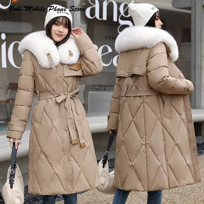 Slim Long Fur Collar Parka Coat Elegant and Warm