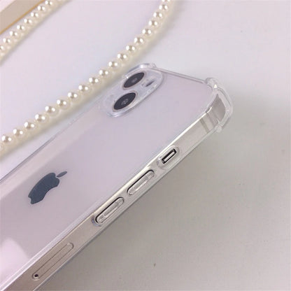 Luxury Korean Crossbody Pearl Chain Phone Case with Transparent Cover and Strap for iPhone