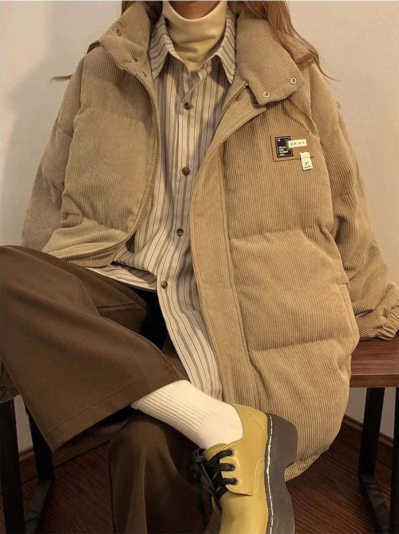 Oversized Corduroy Puffer Coat with Pockets Warm and Retro Y2K Style