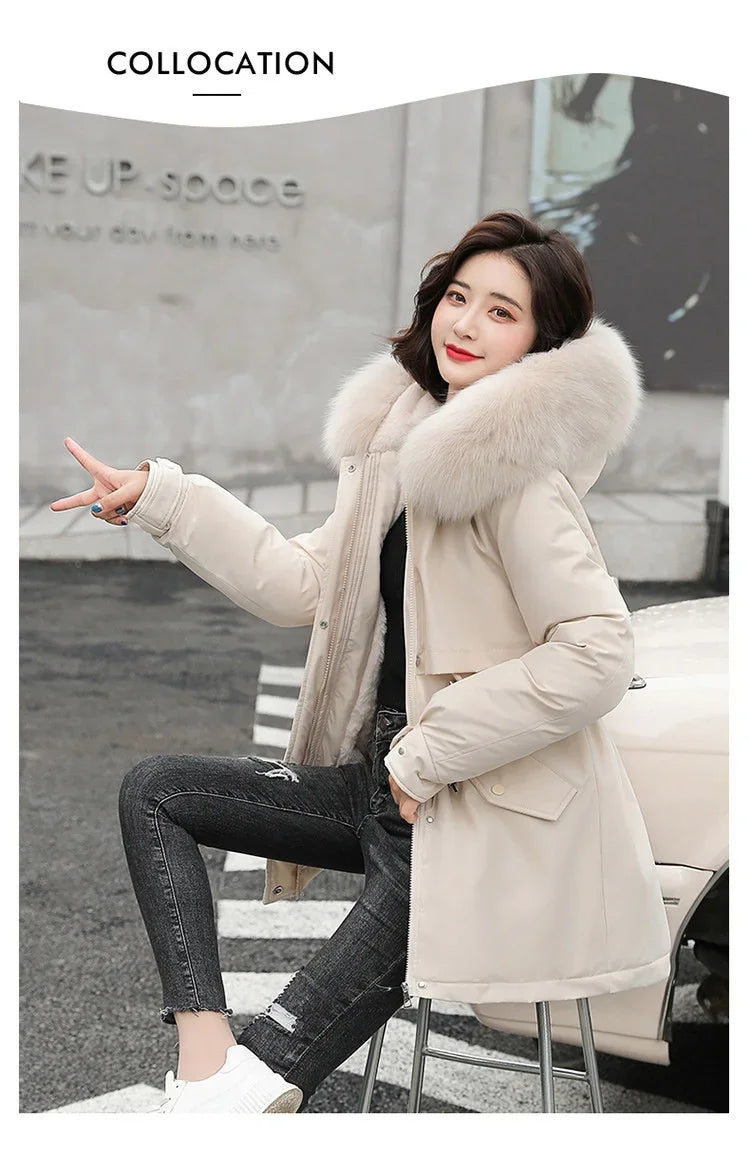 Hooded Long Parka with Wool Liner and Fur Collar Slim and Warm