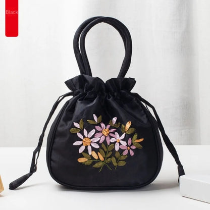 Small Women's Bucket Bag – Top Handle Ladies Handbag, Summer Purse with National Style Embroidered Flower Pattern and Drawstring Closure