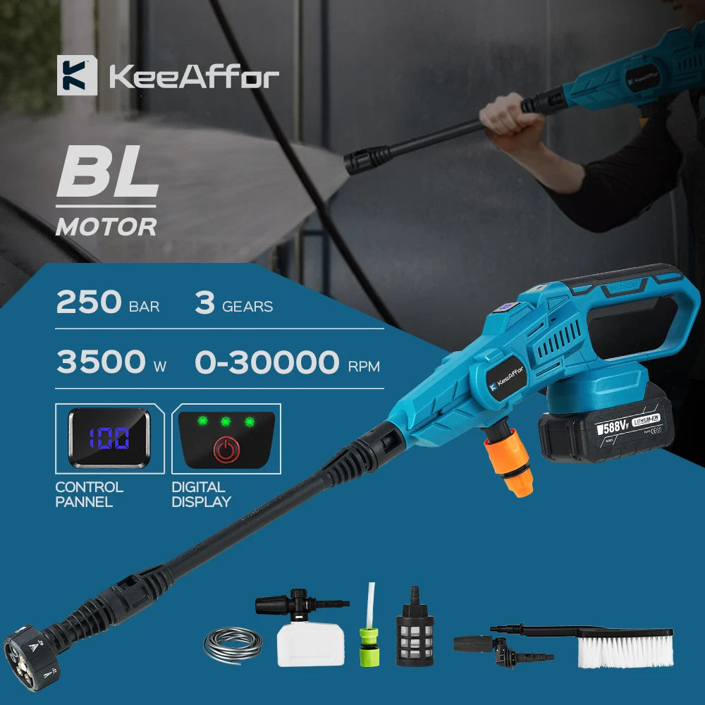 KEEAFFOR 250Bar 3500W Brushless High Pressure Water Gun 6-in 1 Cordless Rechargeable Car Washing Gun for Makita 18V Battery