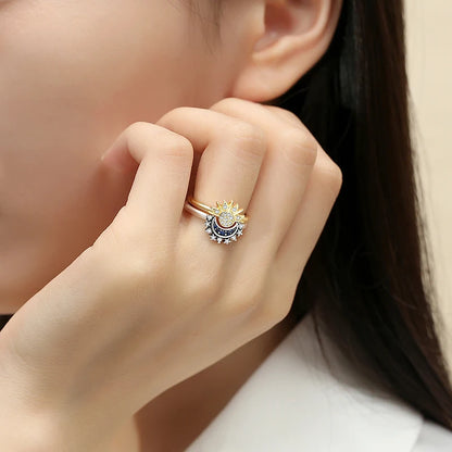 Original 925 Sterling Silver Rings For Women Moon Sun Engagement Wedding Stackable Crystals Ring Gold Luxury Jewelry Gift