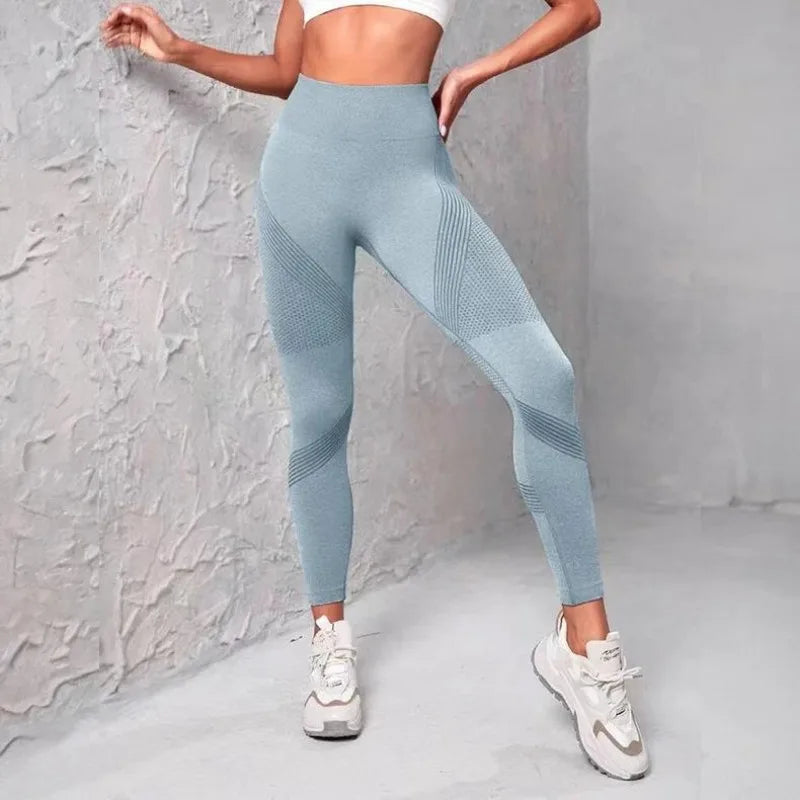 Women's High Waist Fitness Leggings with Striped Mesh