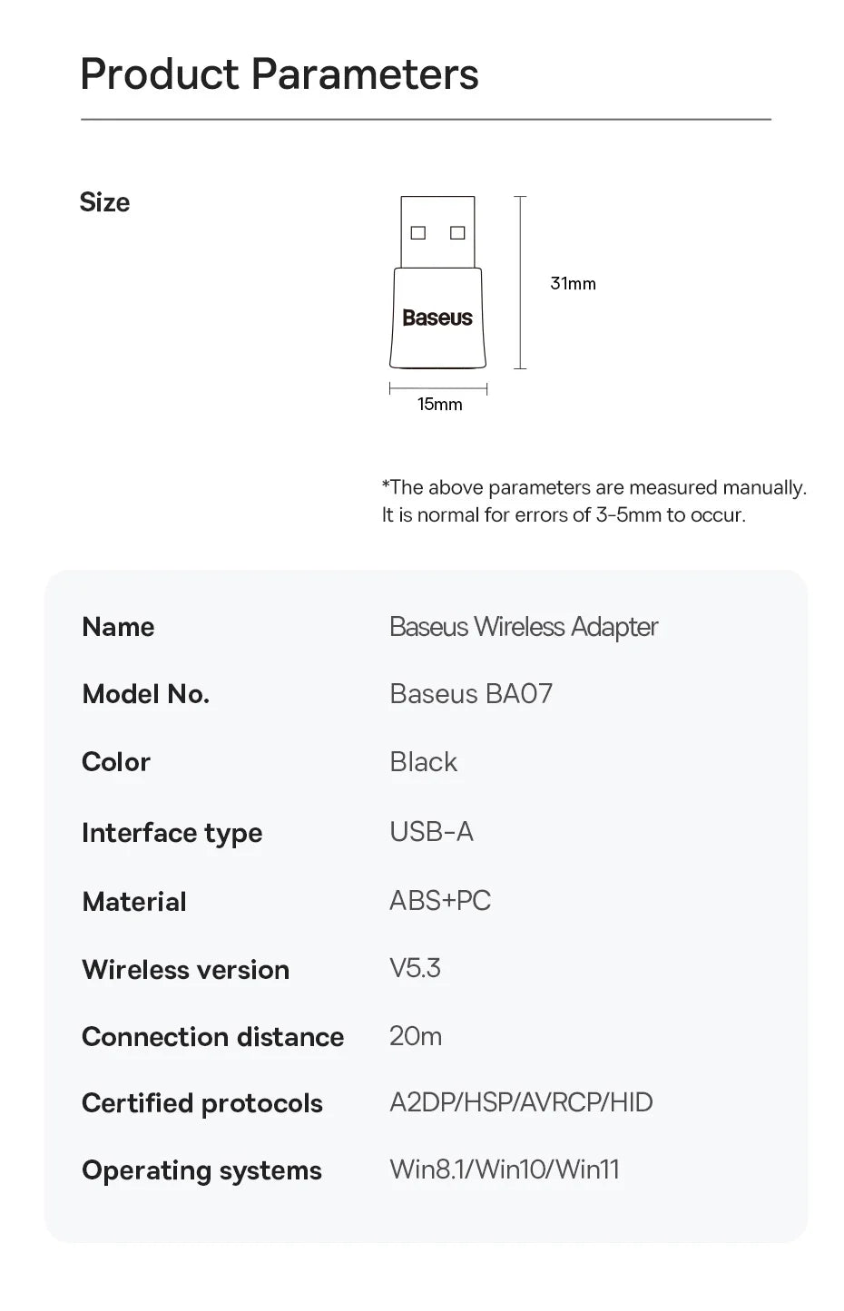 Baseus USB Bluetooth Adapter Bluetooth 5.3 Dongle Adaptador for PC Laptop Wireless Speaker Audio Receiver USB Transmitter