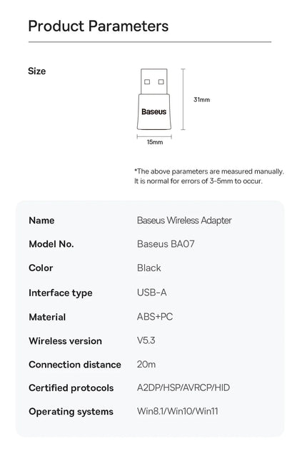 Baseus USB Bluetooth Adapter Bluetooth 5.3 Dongle Adaptador for PC Laptop Wireless Speaker Audio Receiver USB Transmitter