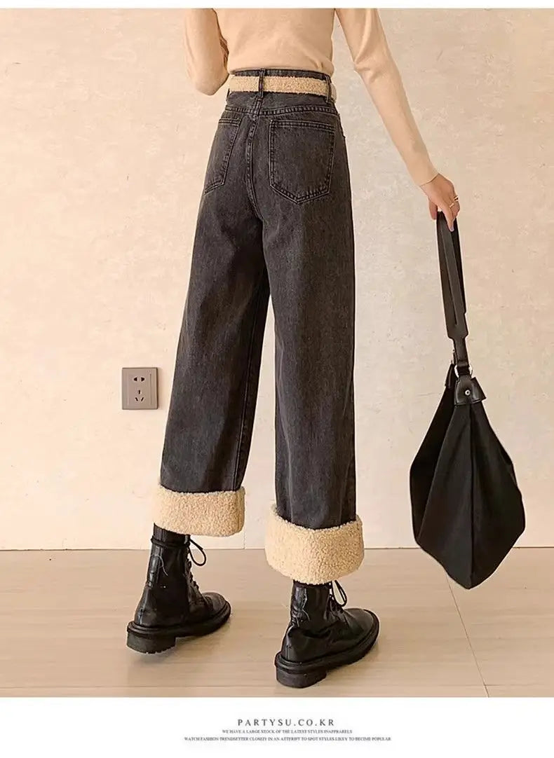 Lamb Wool Wide Leg Jeans for Women Fluffy Autumn and Winter New Styles Internet Famous Outfit Cropped Straight Leg Pants Trendy