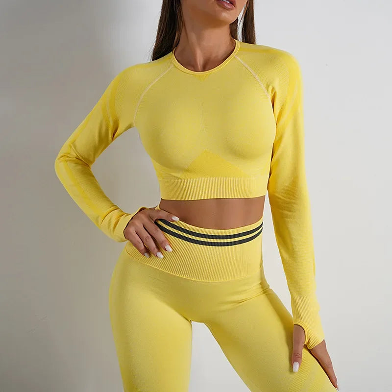 Women's Seamless Yoga Set with High Waist Leggings and Long Sleeve Top