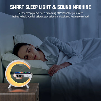 LED Smart Wake-Up Light med RGB nattlampa – trådlös högtalare, 15 W uppladdningsbar skrivbordslampa för sovrum, säng och spelrum