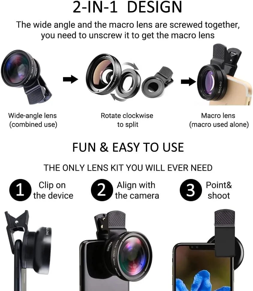 2 IN 1 Lens Universal Clip 37mm Mobile Phone Lens Professional 0.45X 49uv Super Wide-Angle + Macro HD Lens For iPhone Android