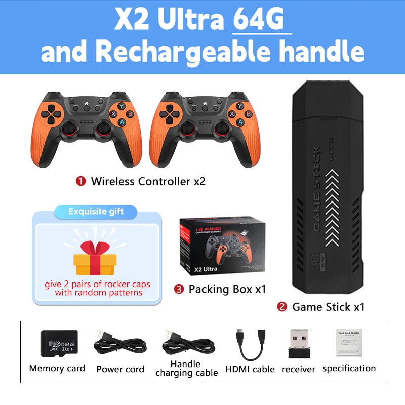 X2 Ultra Video Game Stick-konsol eller ENDAST 2,4G dubbel trådlös handkontroll 4K HD30000 Spel 128G Retrospel Julklapp