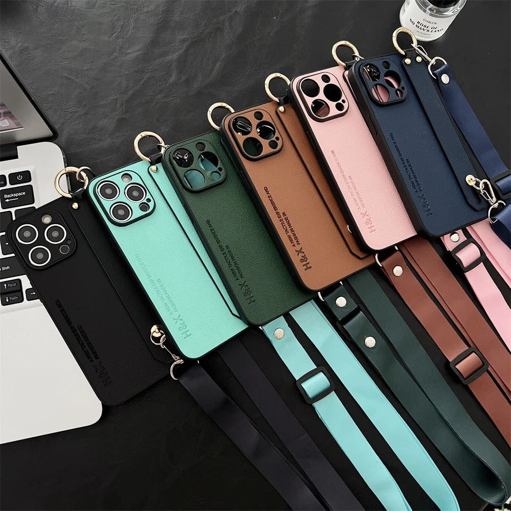 Luxury Litchi Leather Phone Case with Wrist Strap, Stand, and Crossbody Cord for iPhone