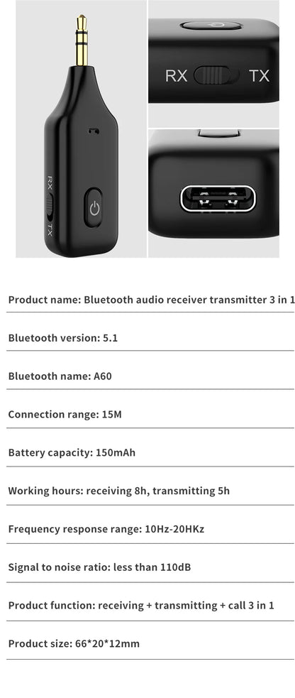 2 IN 1 Bluetooth 5.1 Mottagare Sändare 3,5 mm 3,5 AUX-uttag Handsfree samtal Trådlös ljudadapter för bilsats PC TV-hörlurar