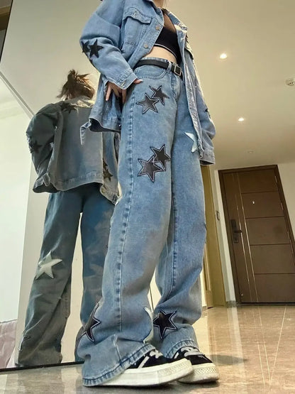 Stjärntryck Jeans med hög midja American Retro High Street Byxor med raka ben Patchwork Långa byxor Y2k Mode Streetwear Baggy