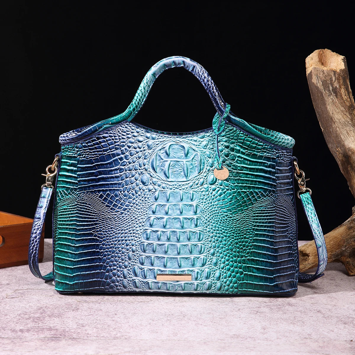 Genuine Leather Handbag – High-End Retro Women's Bag with Crocodile Pattern and Solid Color Design