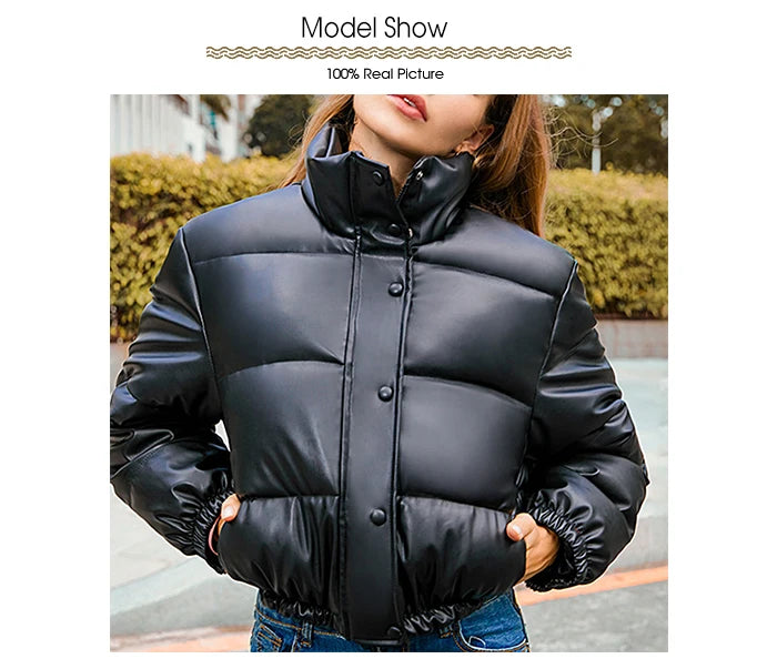 Women's Black PU Leather Cropped Puffer Jacket with Zipper