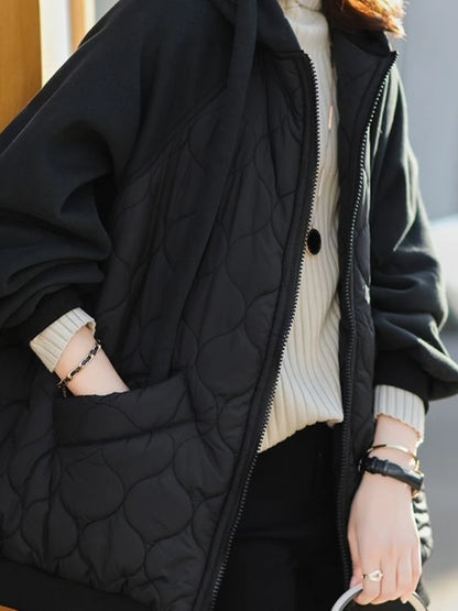 Hooded Spliced Down Cotton Puffer Jacket Loose and Quilted