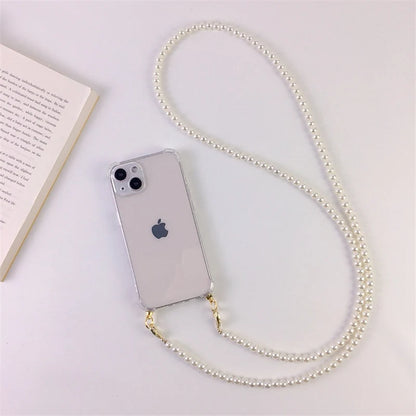 Luxury Korean Crossbody Pearl Chain Phone Case with Transparent Cover and Strap for iPhone