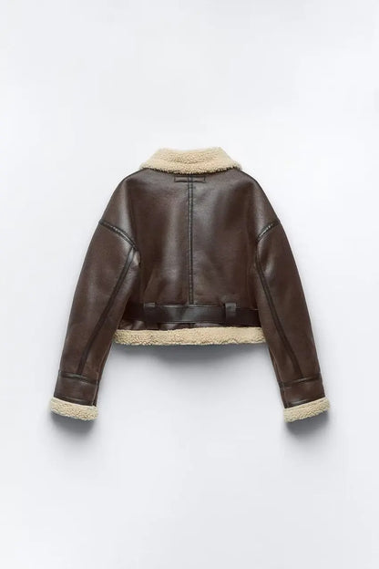 Faux Lamb Leather Moto Jacket with Belt Warm and Stylish