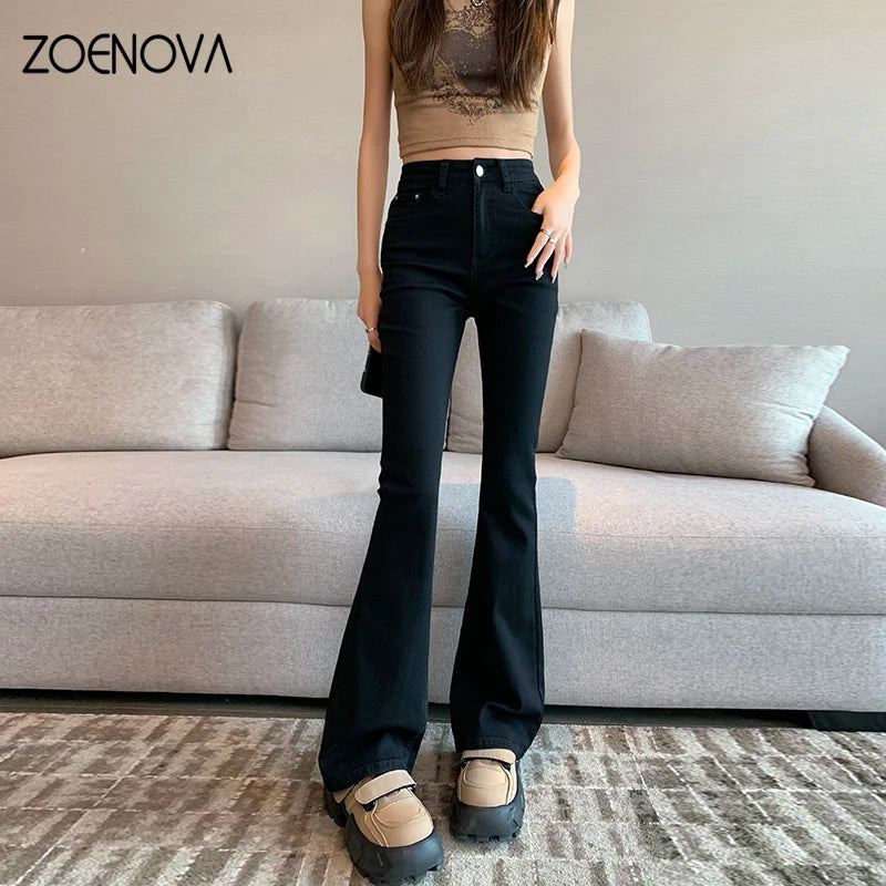 ZOENOVA Harajuku Street Casual Simple Solid Color Women's Jeans 2024 New Fashion Lady High Waist Slim VersatileMicro Flare Pants