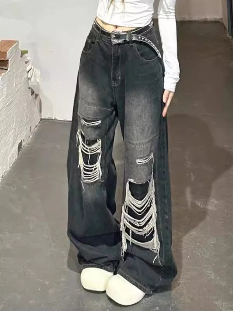 Svarta Baggy Ripped Jeans Gothic Y2K Estetisk Vintage Style