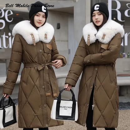 Slim Long Fur Collar Parka Coat Elegant and Warm