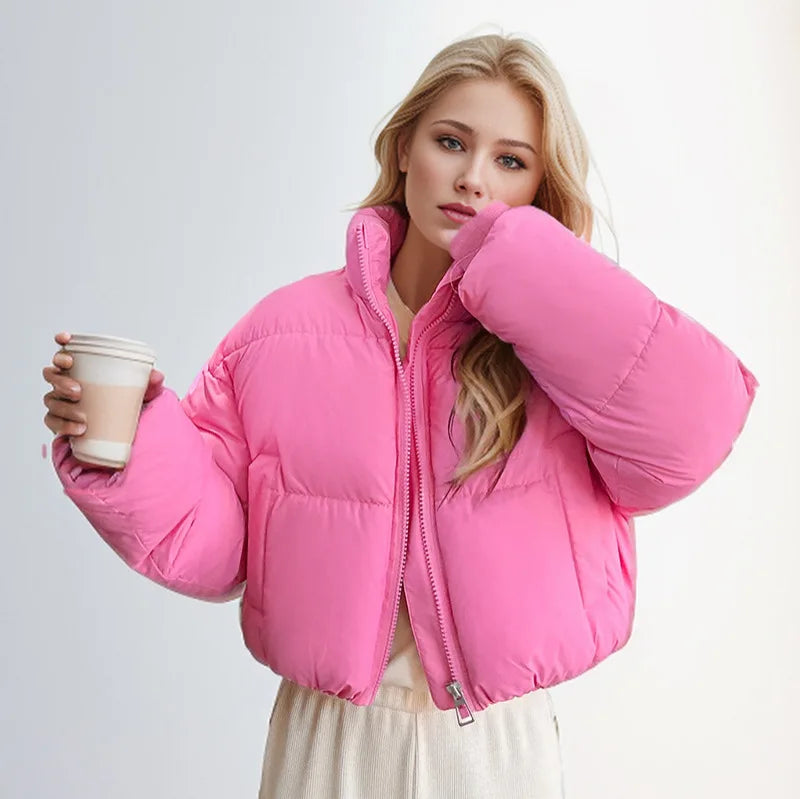 Women's Cropped Puffer Jacket with Stand Collar