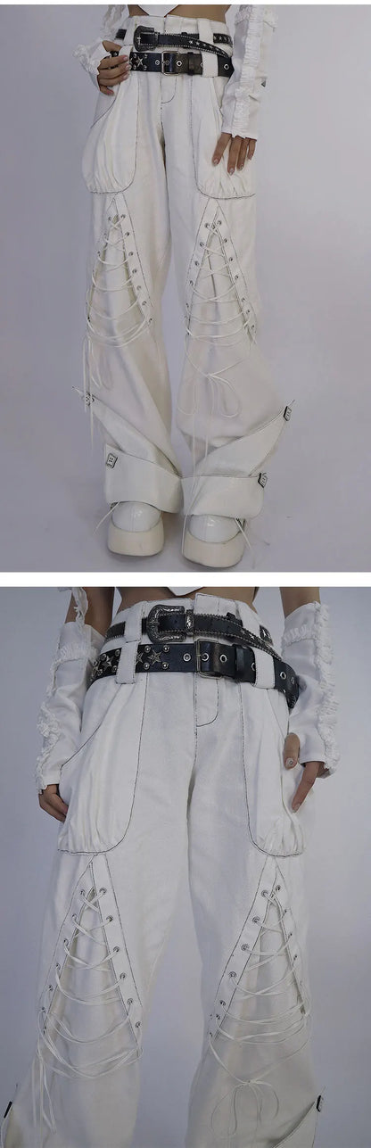 Y2K Low Waist White Jeans with Bandage Detail and Baggy Fit