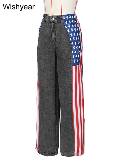 Wide Leg Baggy Jeans with High Waist and Stripe Patchwork Design